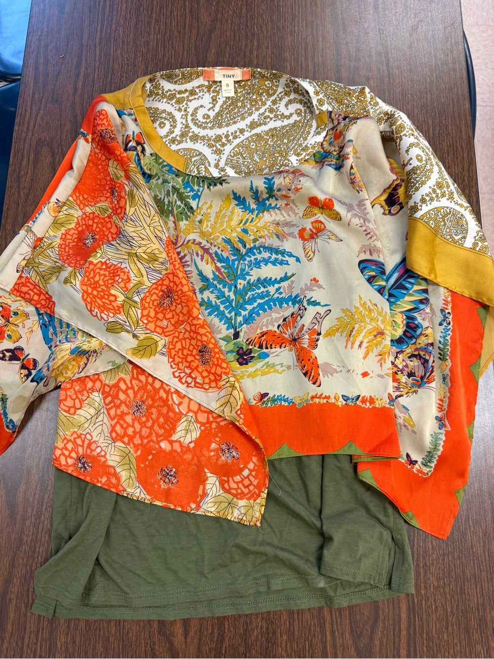 TINY Floral & Butterfly Print Blouse - Orange, Olive, Gold Accents